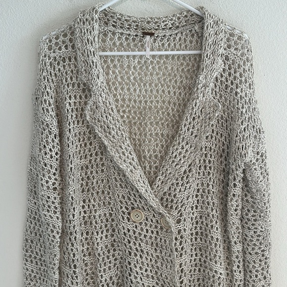 Free People Crochet Fish Net Boho Lagenlook Button Front Cardigan - Picture 2 of 8